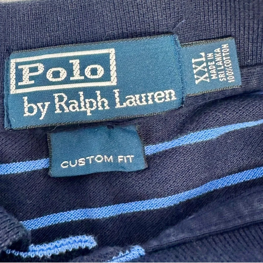 Polo Ralph Lauren Mens XXL Custom Fit Navy Blue Striped‎ Short Sleeve Polo Shirt